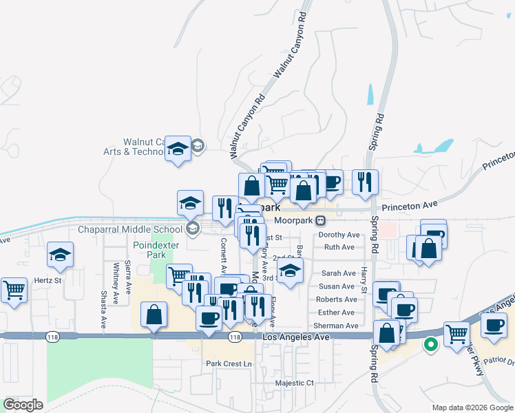 map of restaurants, bars, coffee shops, grocery stores, and more near in Moorpark