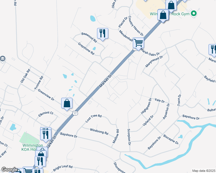 map of restaurants, bars, coffee shops, grocery stores, and more near 112 Amaryllis Drive in Wilmington