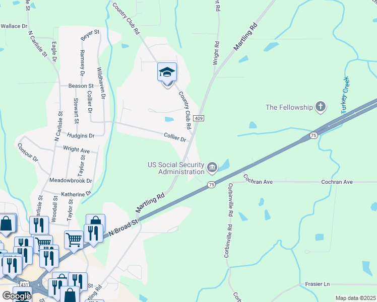 map of restaurants, bars, coffee shops, grocery stores, and more near 604 County Road 409 in Albertville