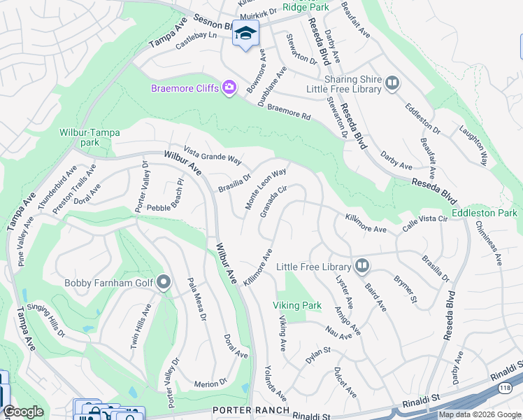 map of restaurants, bars, coffee shops, grocery stores, and more near 18943 Granada Circle in Los Angeles