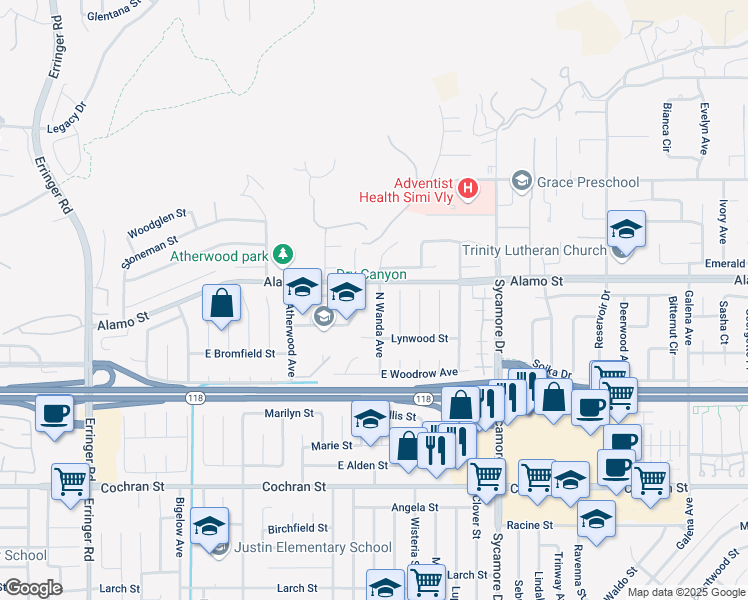 map of restaurants, bars, coffee shops, grocery stores, and more near 2783 North Wanda Avenue in Simi Valley