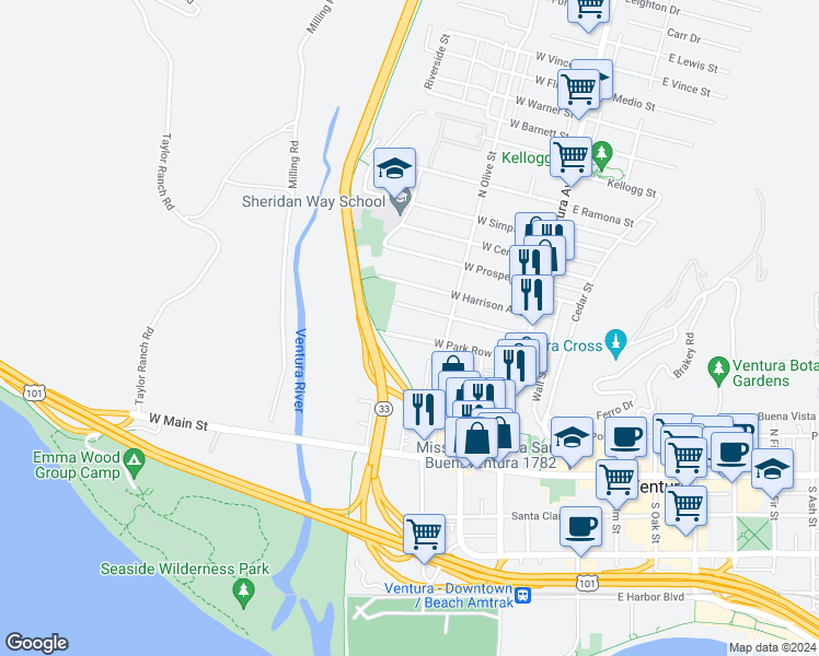 map of restaurants, bars, coffee shops, grocery stores, and more near 293 West Park Row Avenue in Ventura