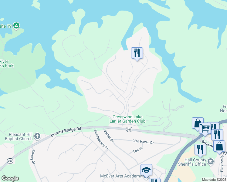 map of restaurants, bars, coffee shops, grocery stores, and more near 3410 Locust Cove Road in Gainesville