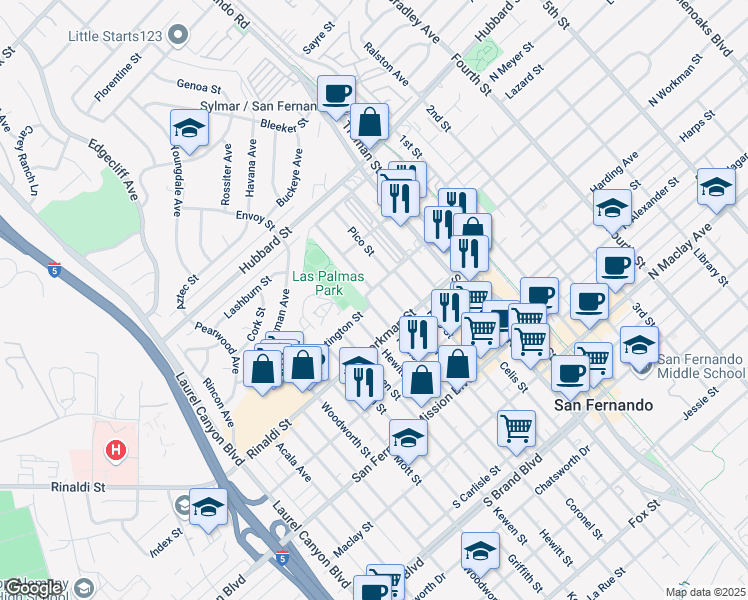 map of restaurants, bars, coffee shops, grocery stores, and more near 1441 Hollister Street in San Fernando