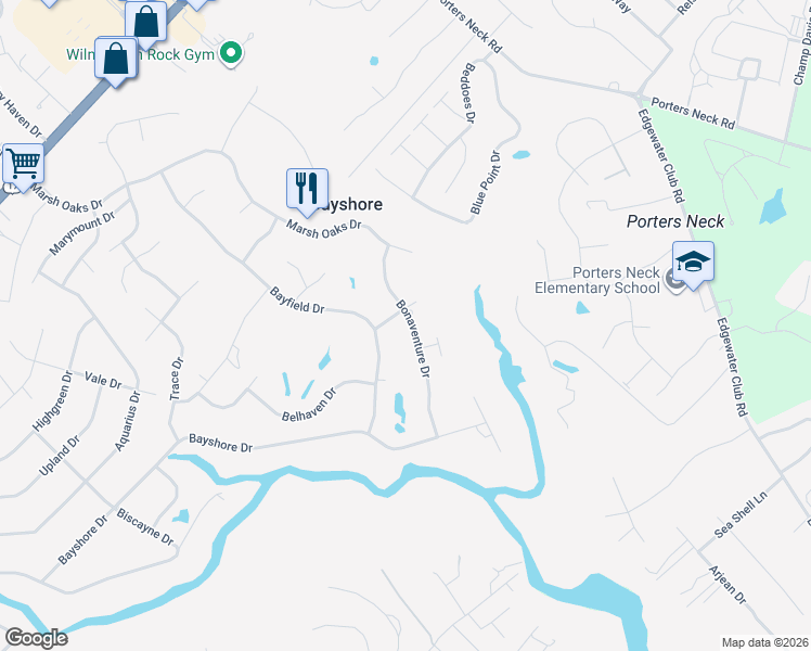 map of restaurants, bars, coffee shops, grocery stores, and more near 7815 Bonaventure Drive in Wilmington