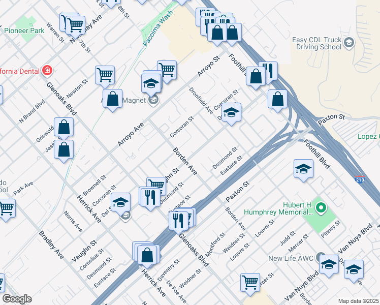 map of restaurants, bars, coffee shops, grocery stores, and more near 13069 Vaughn Street in San Fernando