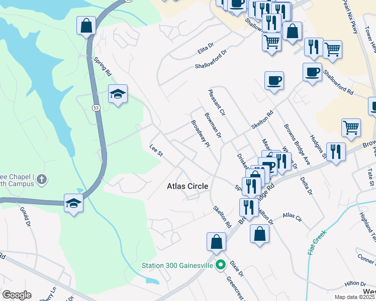 map of restaurants, bars, coffee shops, grocery stores, and more near 2164 Spring Road in Gainesville