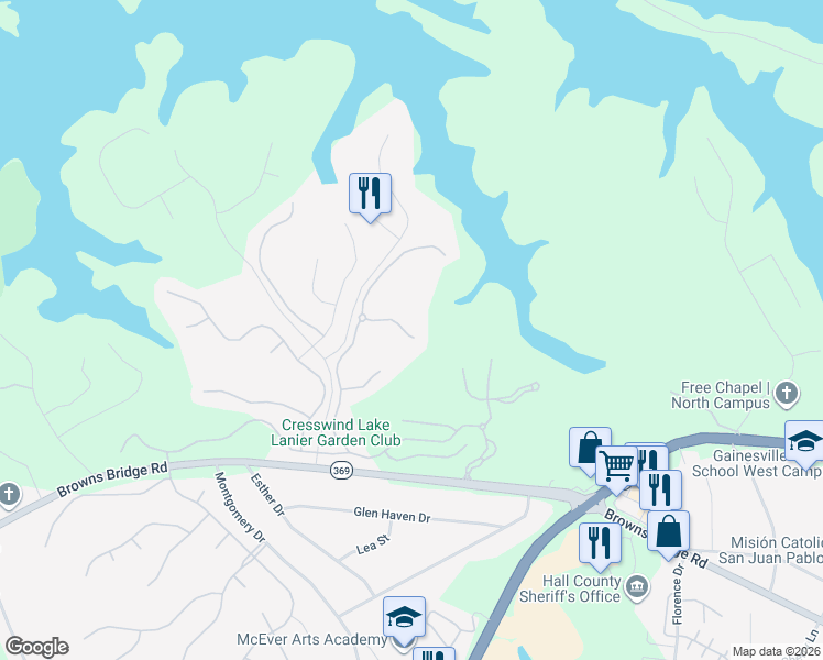 map of restaurants, bars, coffee shops, grocery stores, and more near 3341 Noble Fir Trace in Gainesville