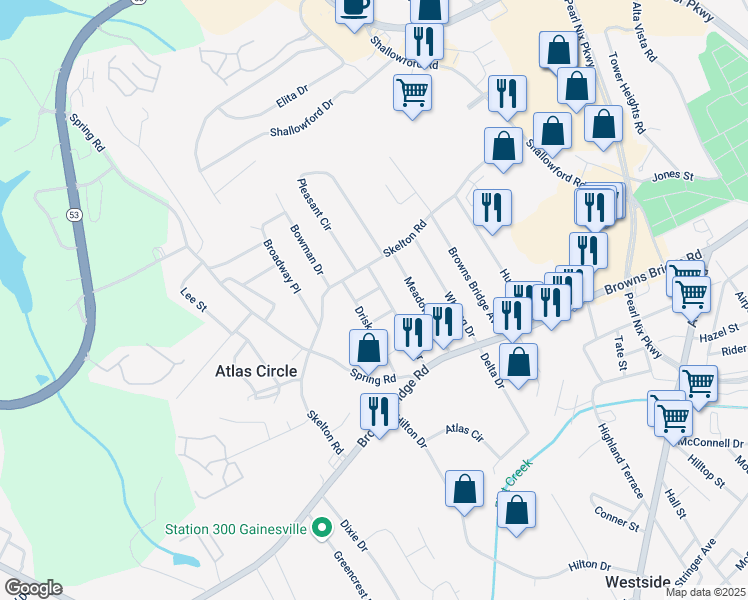 map of restaurants, bars, coffee shops, grocery stores, and more near 1937 Driskell Drive in Gainesville