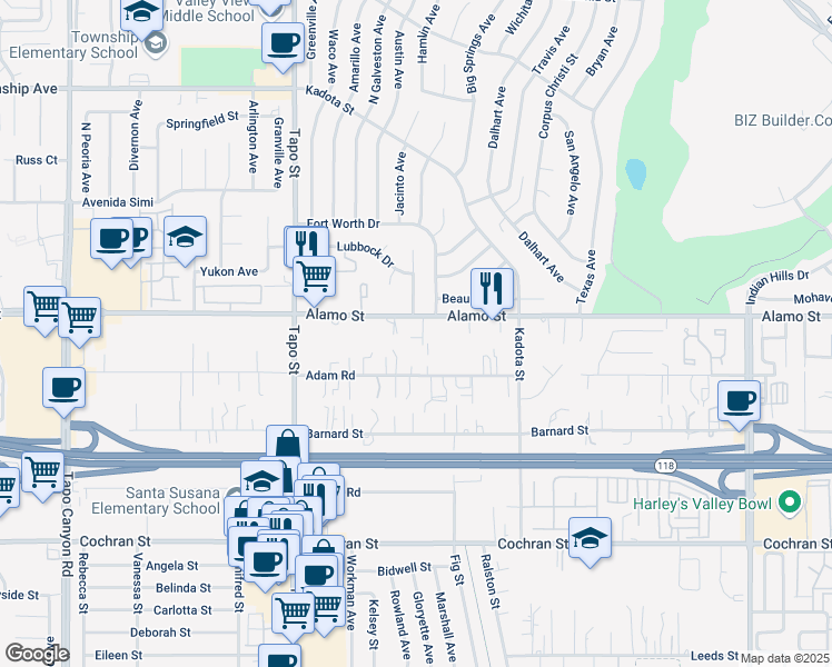 map of restaurants, bars, coffee shops, grocery stores, and more near 4610 Alamo Street in Simi Valley