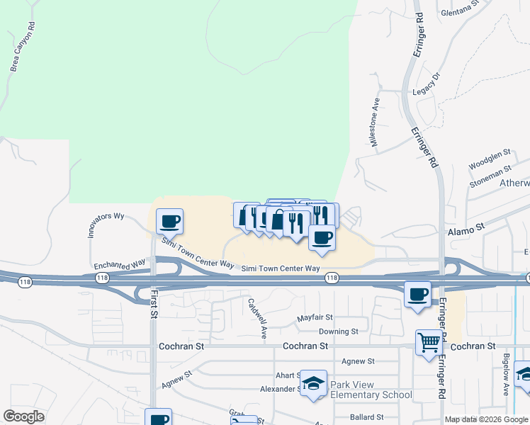 map of restaurants, bars, coffee shops, grocery stores, and more near 1507 East jefferson Way in Simi Valley