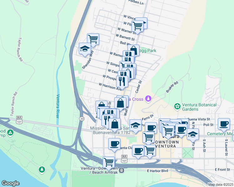 map of restaurants, bars, coffee shops, grocery stores, and more near 82 West Mission Avenue in Ventura