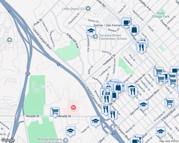 map of restaurants, bars, coffee shops, grocery stores, and more near 14919 Hubbard Street in Los Angeles