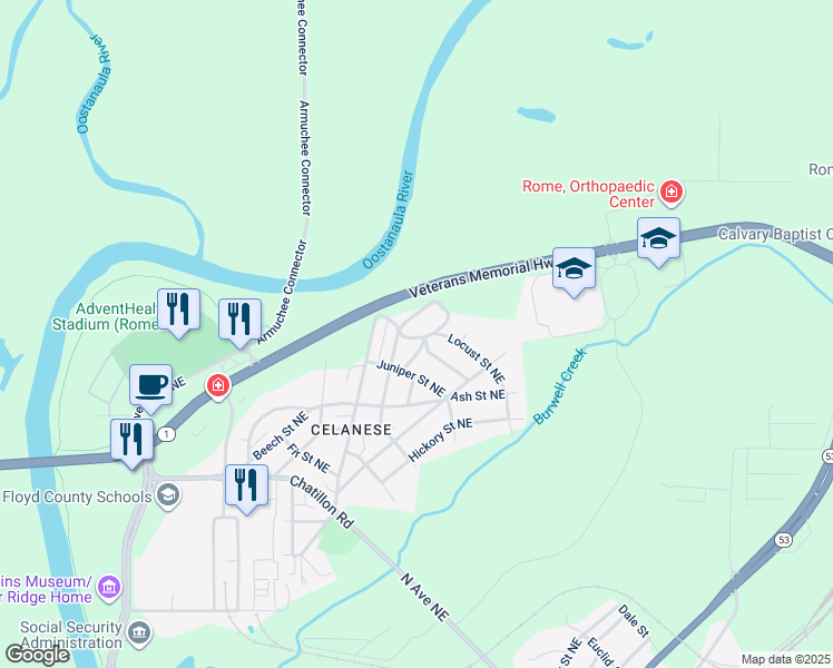 map of restaurants, bars, coffee shops, grocery stores, and more near 10 Norwood Street Northeast in Rome