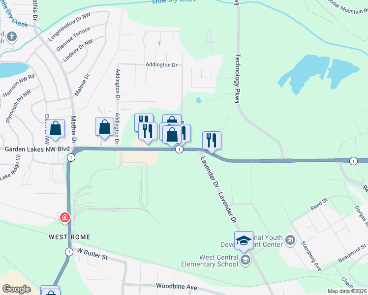 map of restaurants, bars, coffee shops, grocery stores, and more near 1800 Redmond Circle in Rome