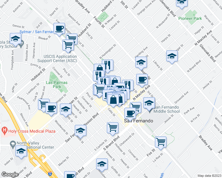 map of restaurants, bars, coffee shops, grocery stores, and more near 1225 Truman Street in San Fernando