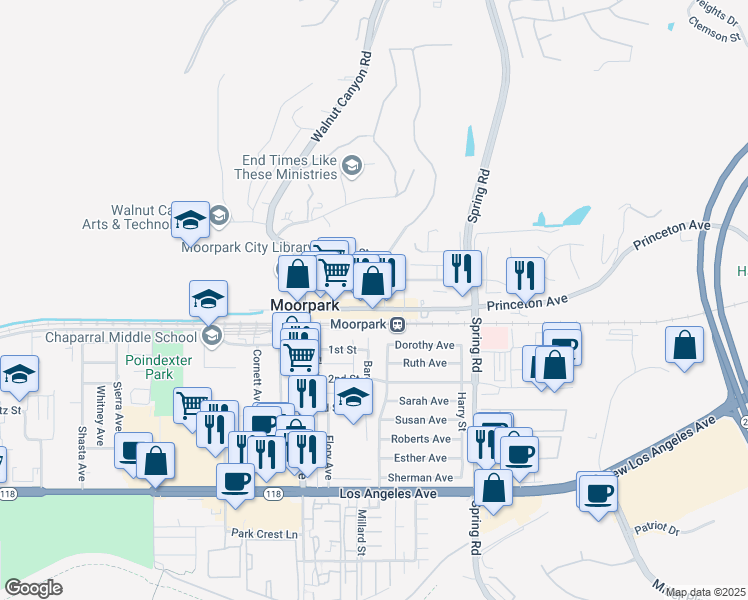 map of restaurants, bars, coffee shops, grocery stores, and more near 213 East High Street in Moorpark