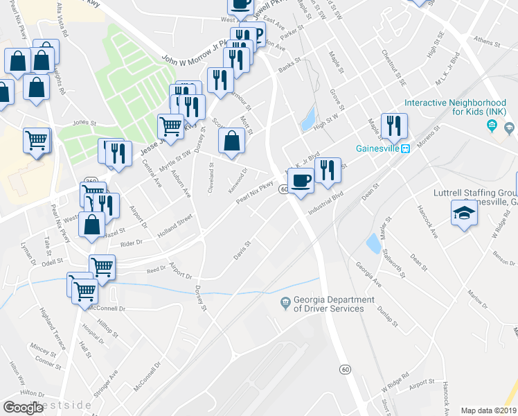 map of restaurants, bars, coffee shops, grocery stores, and more near 854 Davis Street in Gainesville