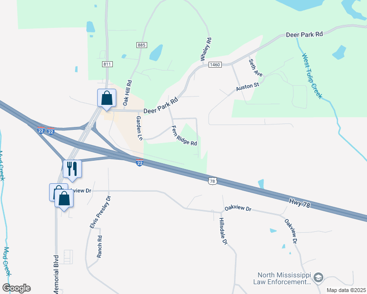 map of restaurants, bars, coffee shops, grocery stores, and more near 160 Fern Ridge Road in Tupelo