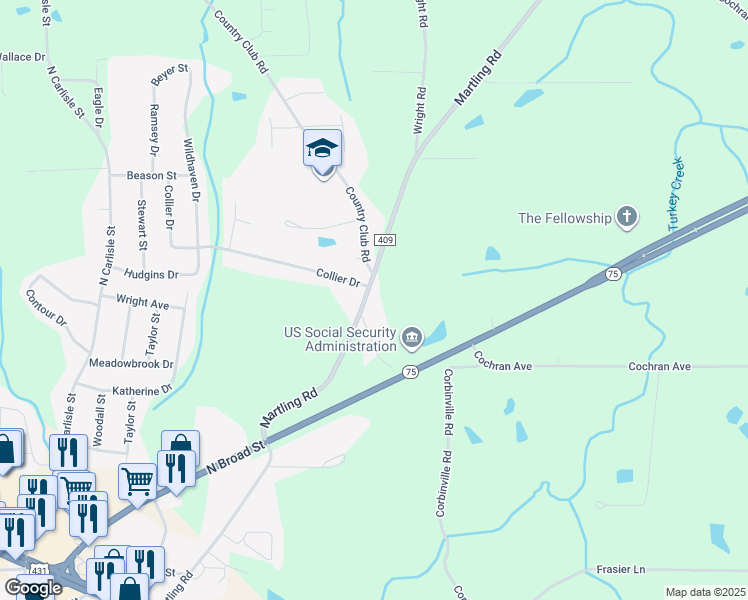 map of restaurants, bars, coffee shops, grocery stores, and more near 604 County Road 409 in Albertville