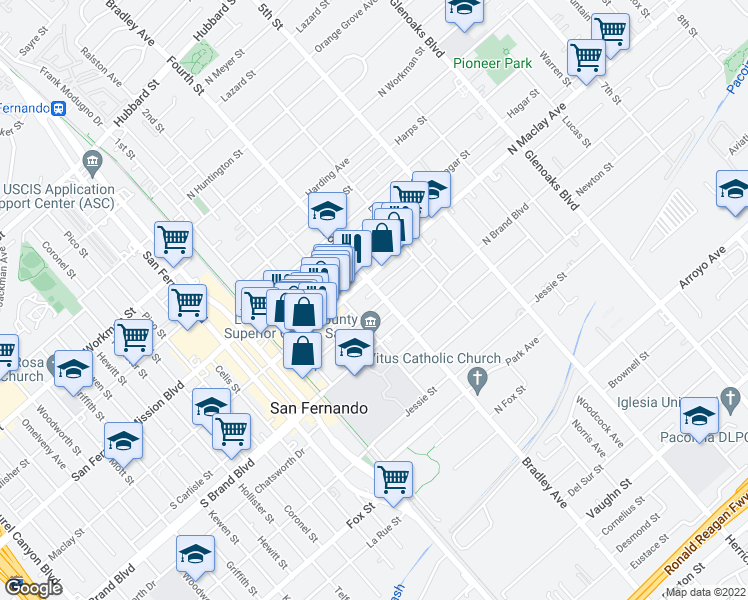 map of restaurants, bars, coffee shops, grocery stores, and more near 325 North Macneil Street in San Fernando