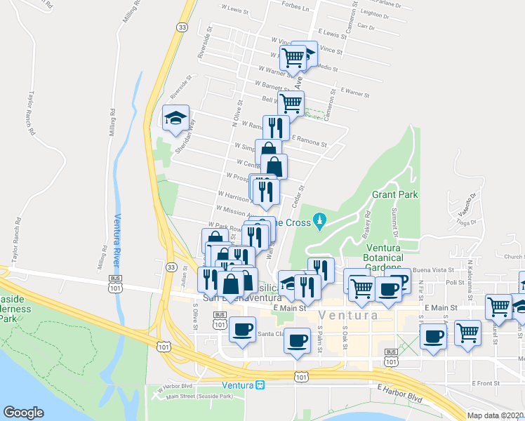 map of restaurants, bars, coffee shops, grocery stores, and more near 362 North Ventura Avenue in Ventura