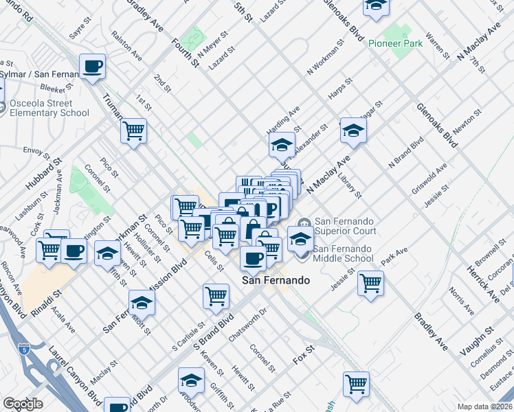 map of restaurants, bars, coffee shops, grocery stores, and more near 129 North Hagar Street in San Fernando