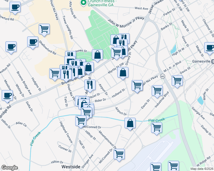 map of restaurants, bars, coffee shops, grocery stores, and more near 42 Highland Ave in Gainesville