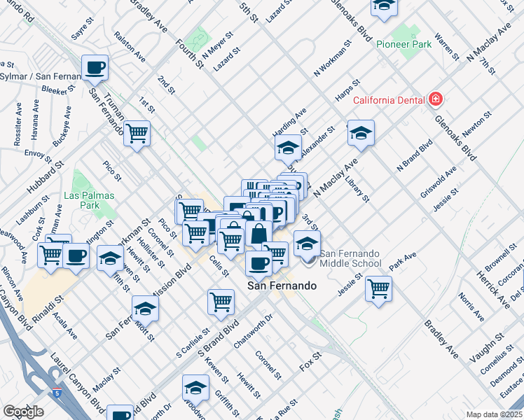 map of restaurants, bars, coffee shops, grocery stores, and more near 129 North Hagar Street in San Fernando