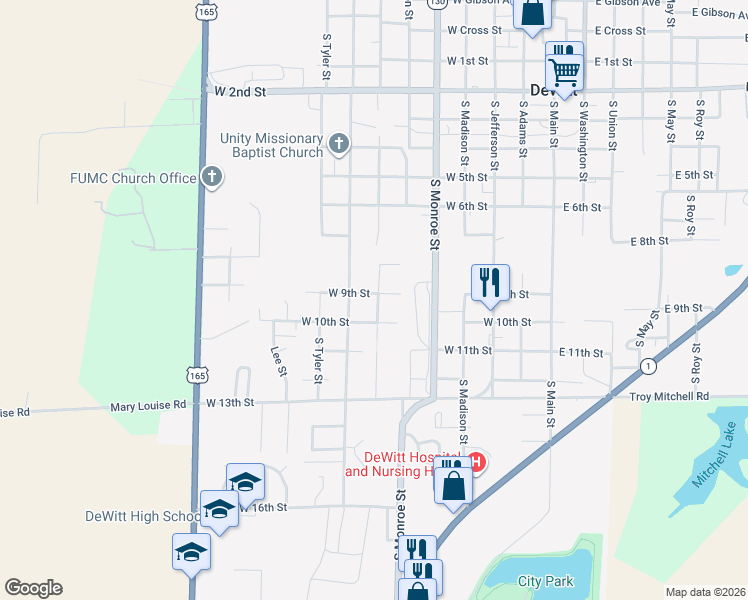 map of restaurants, bars, coffee shops, grocery stores, and more near 1015 South Van Buren Street in DeWitt