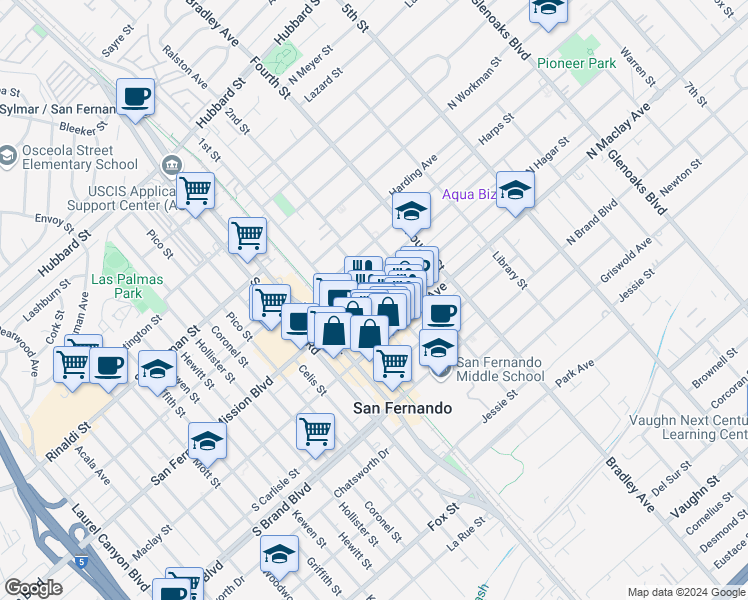 map of restaurants, bars, coffee shops, grocery stores, and more near 129 North Hagar Street in San Fernando