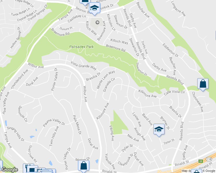 map of restaurants, bars, coffee shops, grocery stores, and more near 18938 Granada Circle in Los Angeles