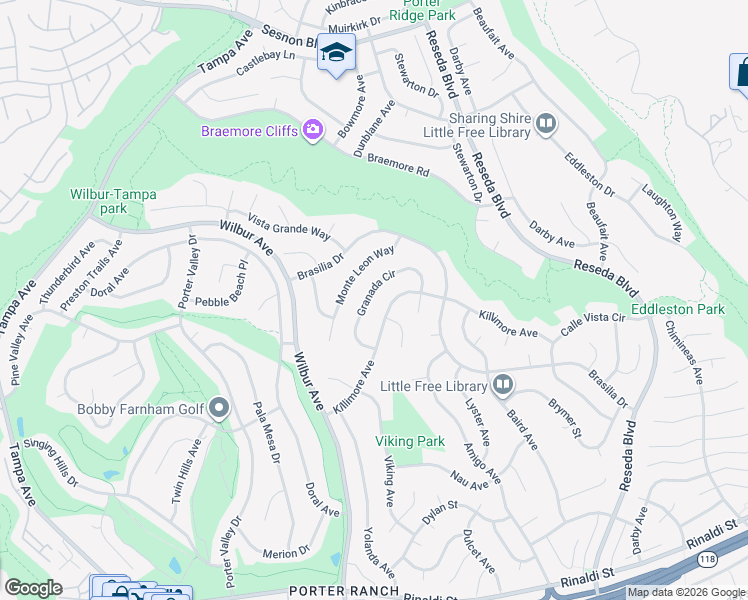 map of restaurants, bars, coffee shops, grocery stores, and more near 18943 Granada Circle in Los Angeles