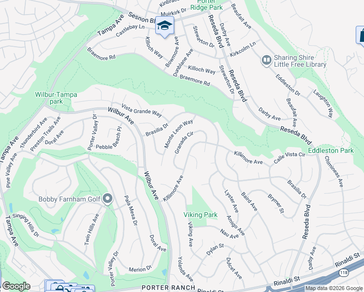 map of restaurants, bars, coffee shops, grocery stores, and more near 18938 Granada Circle in Los Angeles