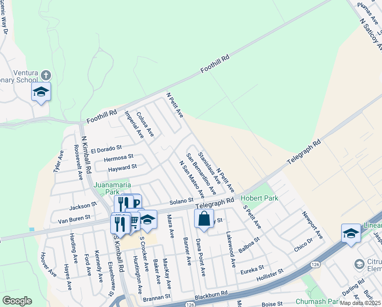 map of restaurants, bars, coffee shops, grocery stores, and more near 147 Stanislaus Avenue in Ventura