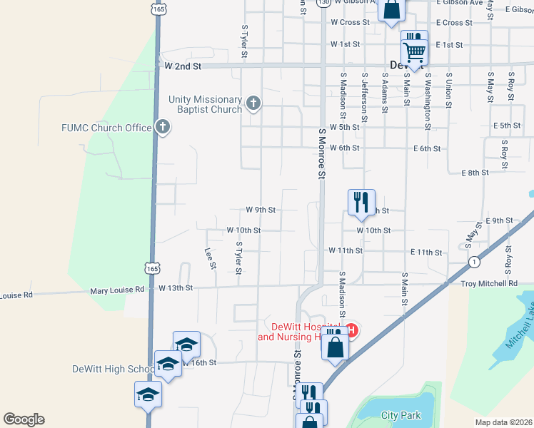 map of restaurants, bars, coffee shops, grocery stores, and more near 1014 South Harrison Street in DeWitt