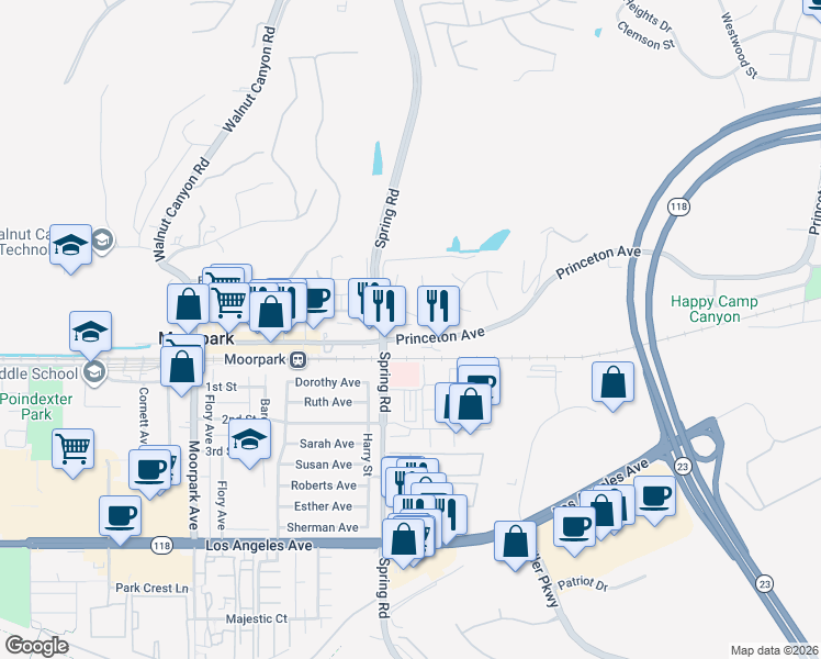 map of restaurants, bars, coffee shops, grocery stores, and more near 604 Charles Street in Moorpark