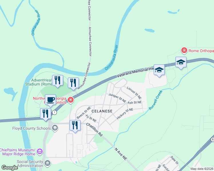 map of restaurants, bars, coffee shops, grocery stores, and more near 26 Oak Street Northeast in Rome