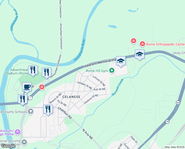 map of restaurants, bars, coffee shops, grocery stores, and more near 10 Locust Street Northeast in Rome
