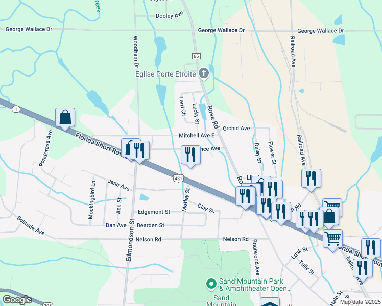 map of restaurants, bars, coffee shops, grocery stores, and more near 8608 Alabama 1 in Albertville