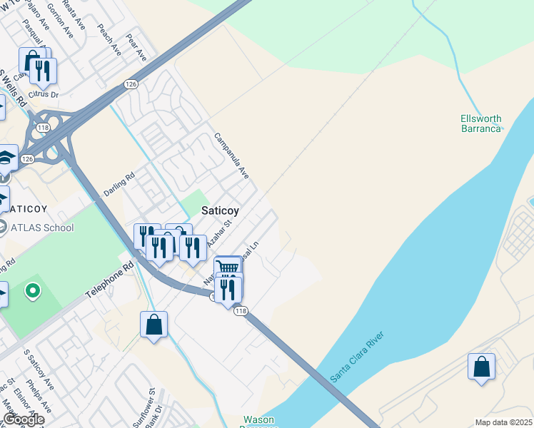map of restaurants, bars, coffee shops, grocery stores, and more near 11435 Nardo Street in Ventura