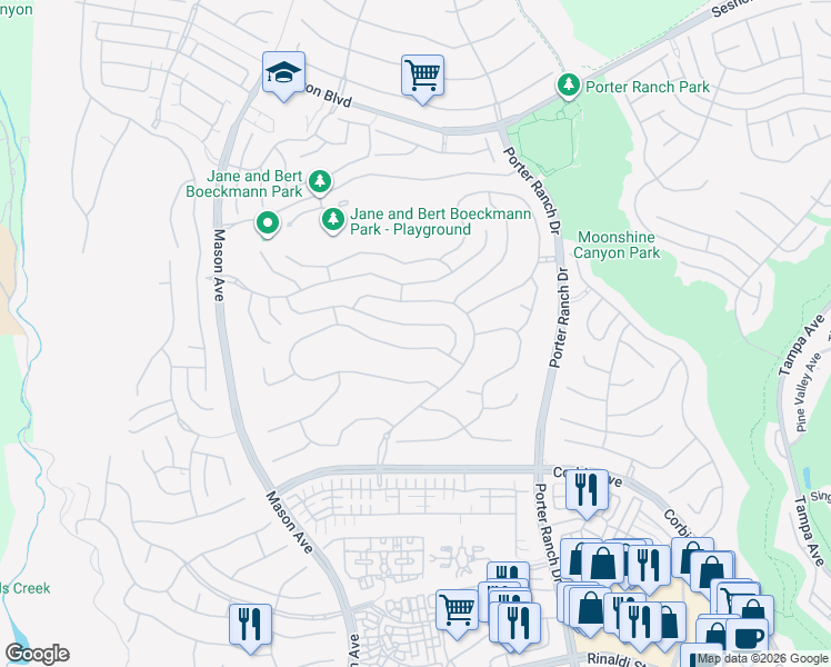 map of restaurants, bars, coffee shops, grocery stores, and more near 20265 West Windsor Lane in Los Angeles
