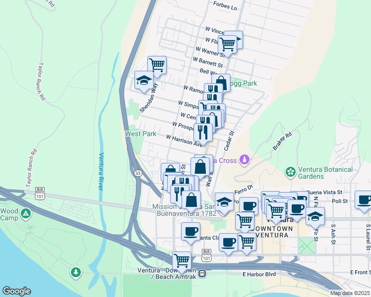 map of restaurants, bars, coffee shops, grocery stores, and more near 82 West Mission Avenue in Ventura