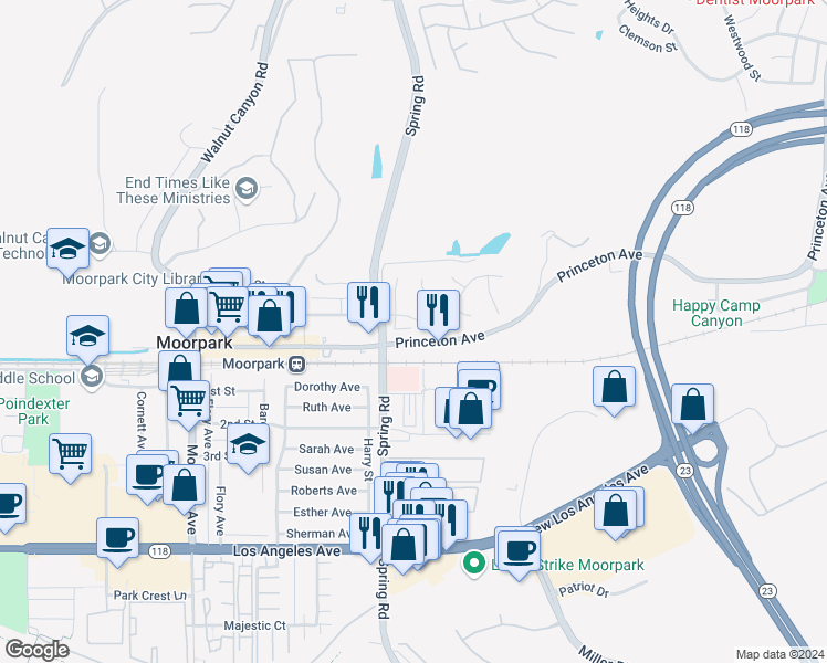 map of restaurants, bars, coffee shops, grocery stores, and more near 610 Charles Street in Moorpark