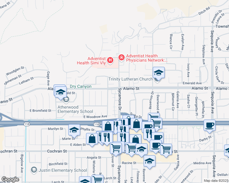 map of restaurants, bars, coffee shops, grocery stores, and more near 2675 Coral Gum Lane in Simi Valley