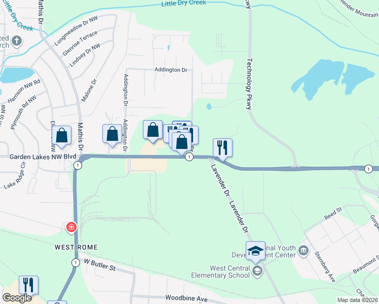 map of restaurants, bars, coffee shops, grocery stores, and more near 1800 Redmond Circle in Rome