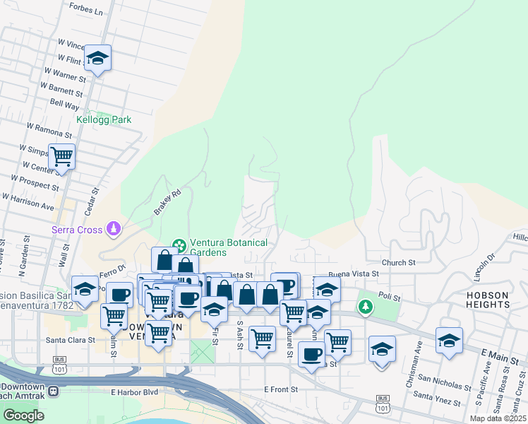 map of restaurants, bars, coffee shops, grocery stores, and more near 900 Vallecito Drive in Ventura