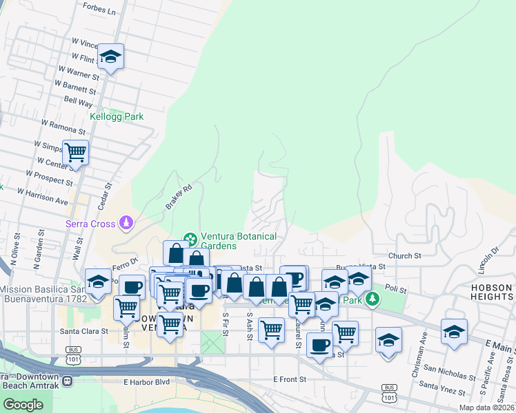 map of restaurants, bars, coffee shops, grocery stores, and more near 818 Caliente Lane in Ventura