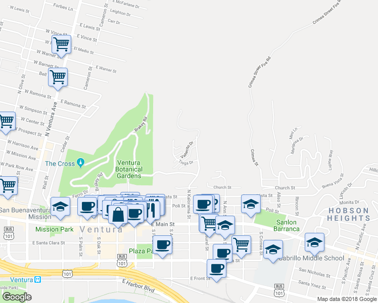 map of restaurants, bars, coffee shops, grocery stores, and more near 900 Vallecito Drive in Ventura