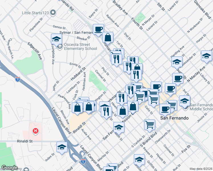 map of restaurants, bars, coffee shops, grocery stores, and more near 1502 Coronel Street in San Fernando